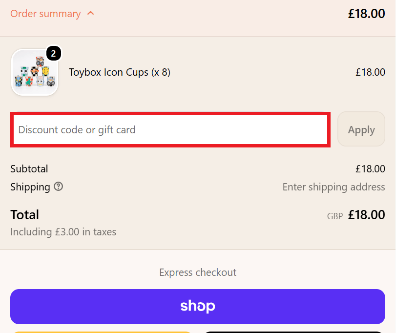 Meri Meri discount code box in shopping cart