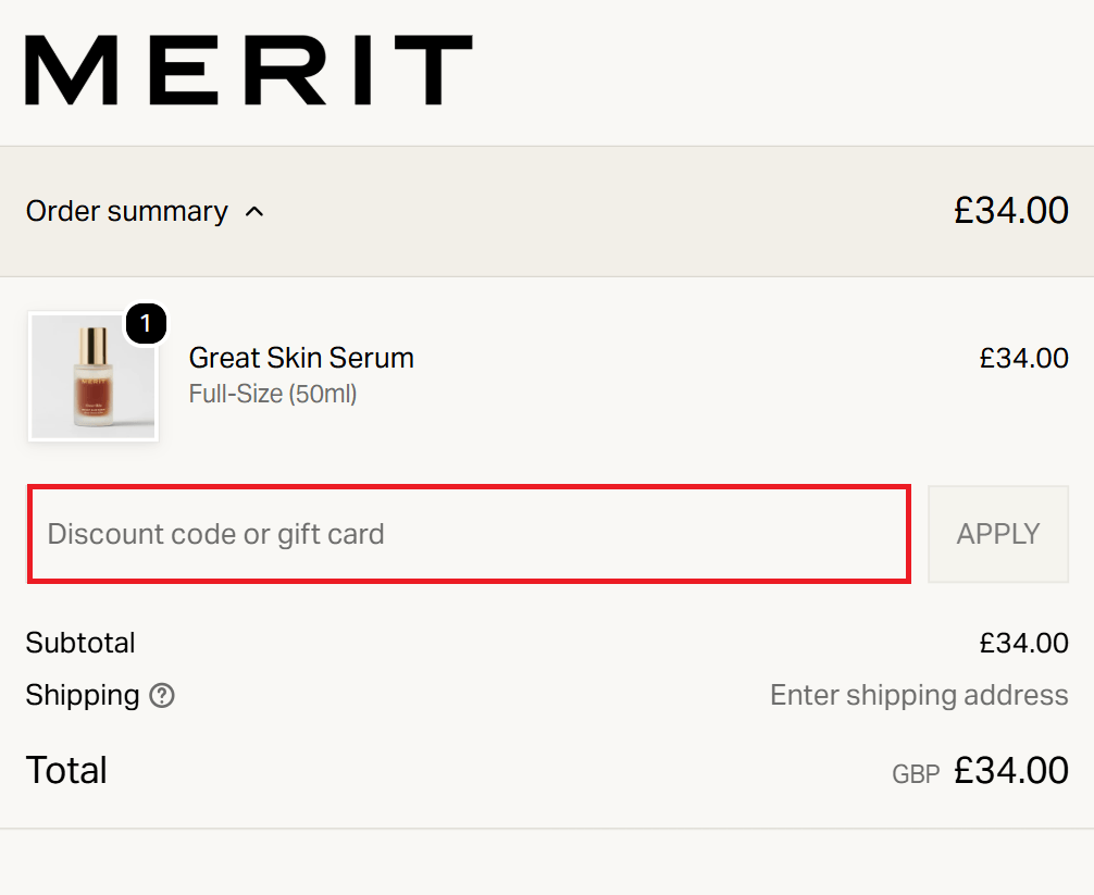 MERIT discount code box in the shopping bag