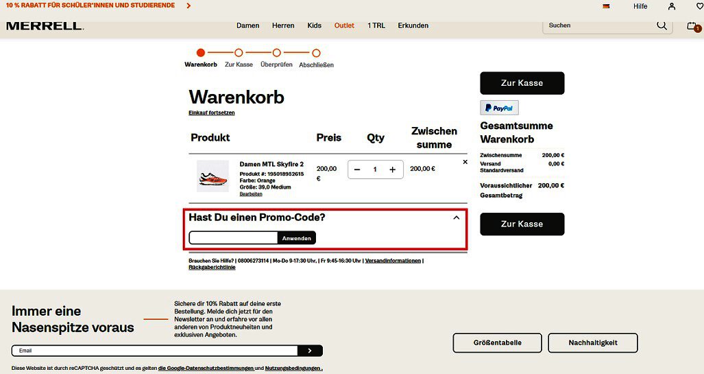 Screenshot aus dem Warenkorb mit Eingabefeld zum Anwenden vom Merrell Gutschein