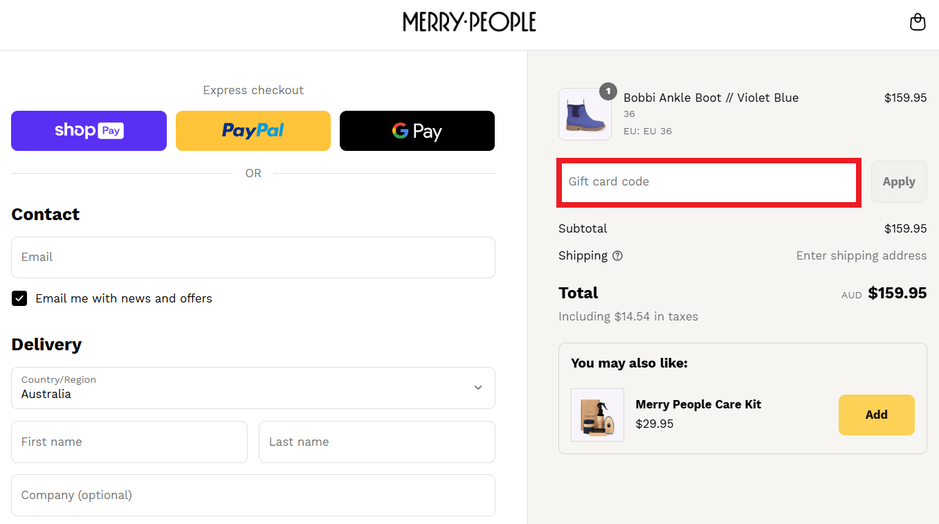 Merry People discount code box in shopping basket