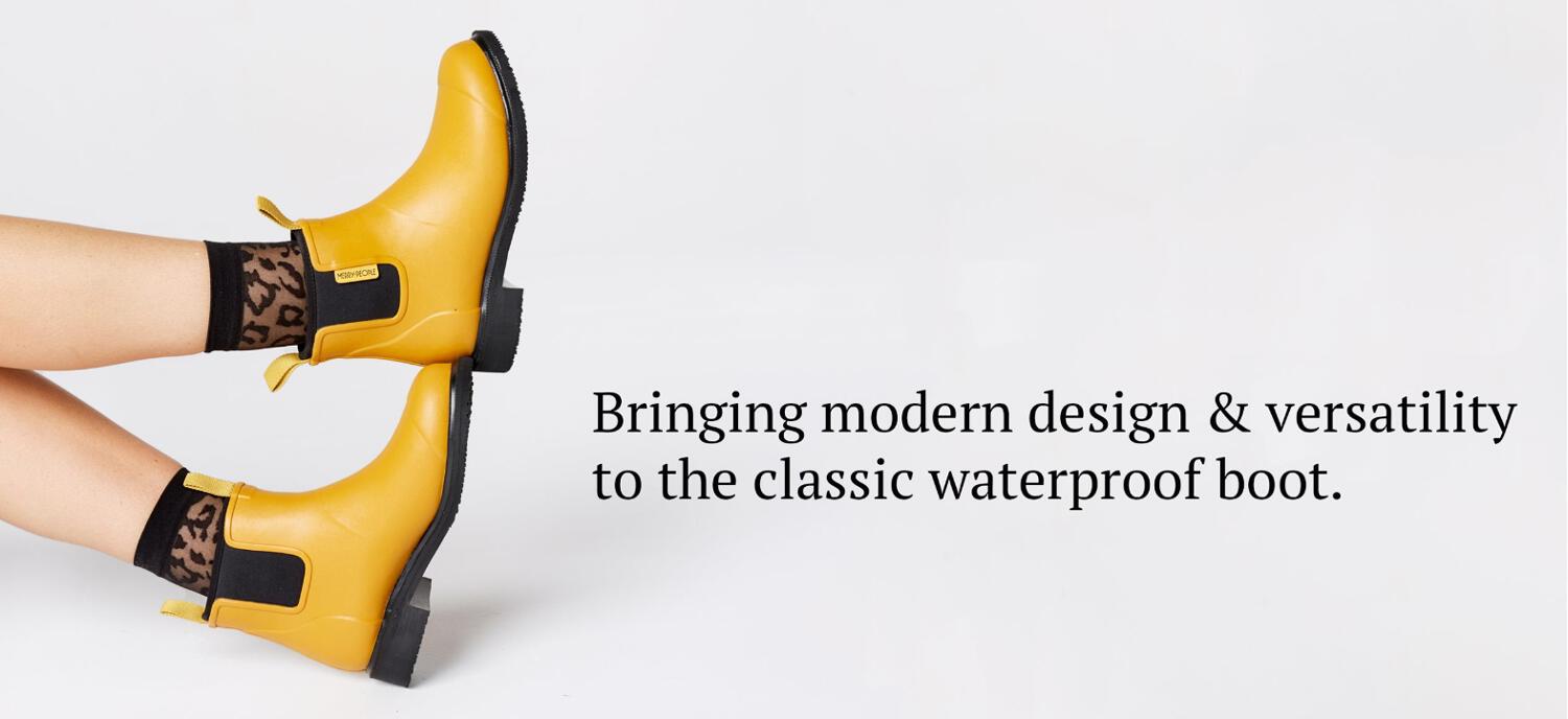 Merry People offers page image showing a yellow pair of boots. Text says Bringing modern design and versatility to the classic waterproof boot