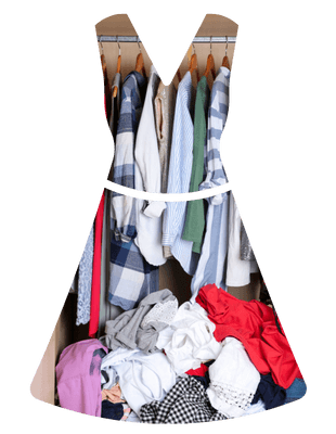 Messy wardrobe full of clothes. The image is contained within a dress shaped frame.