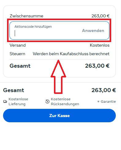 Screenshot von der Bestellübersicht, um einen Meta Gutschein einzulösen