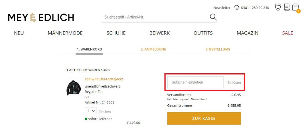 Warenkorbansicht mit Eingabefeld zum Mey & Edlich Gutschein einlösen
