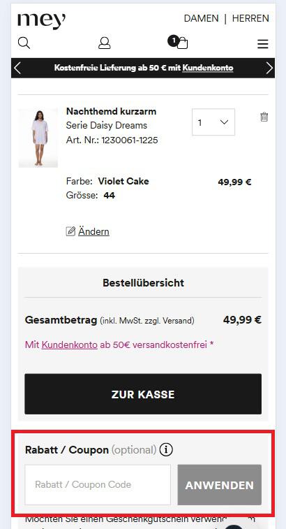 Warenkorbansicht mit Eingabefeld für Mey Gutschein