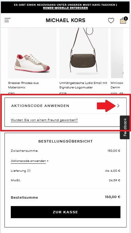 Screenshot vom Warenkorb bei Michael Kors mit Option zum Aktionscode anwenden