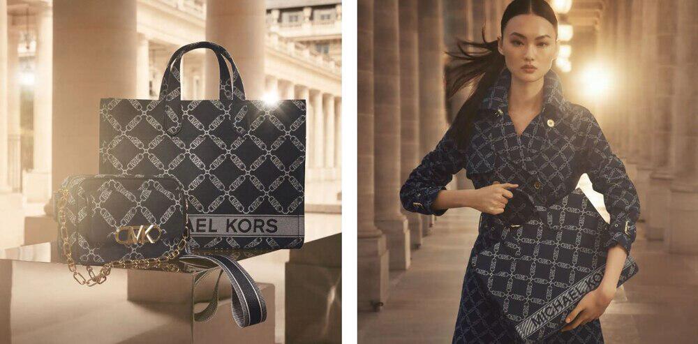 Umhängetasche, Shopper und Model in Trenchoat mit blauem Muster aus der Michael Kors Herbstkollektion 2023