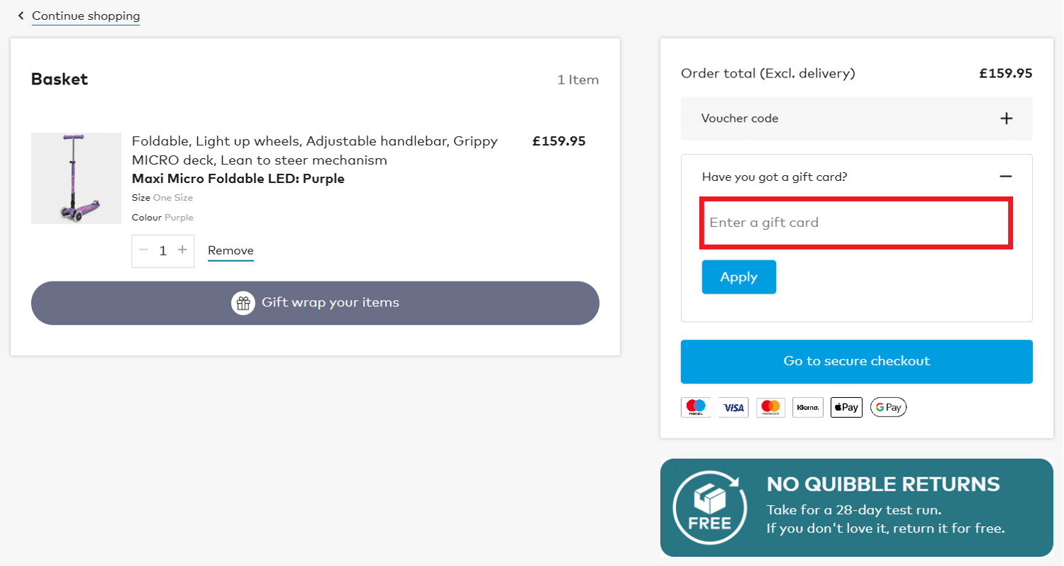 Micro Scooters discount code redemption box image