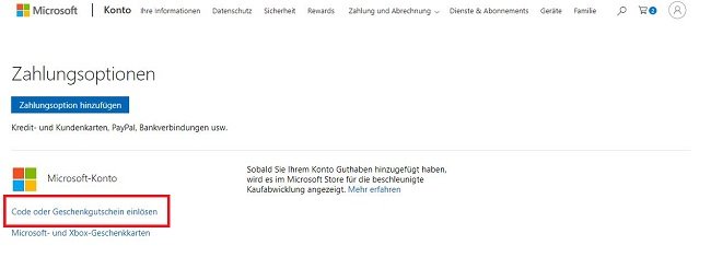 Eingabefeld für einen Microsoft-Store-Gutschein oder Code