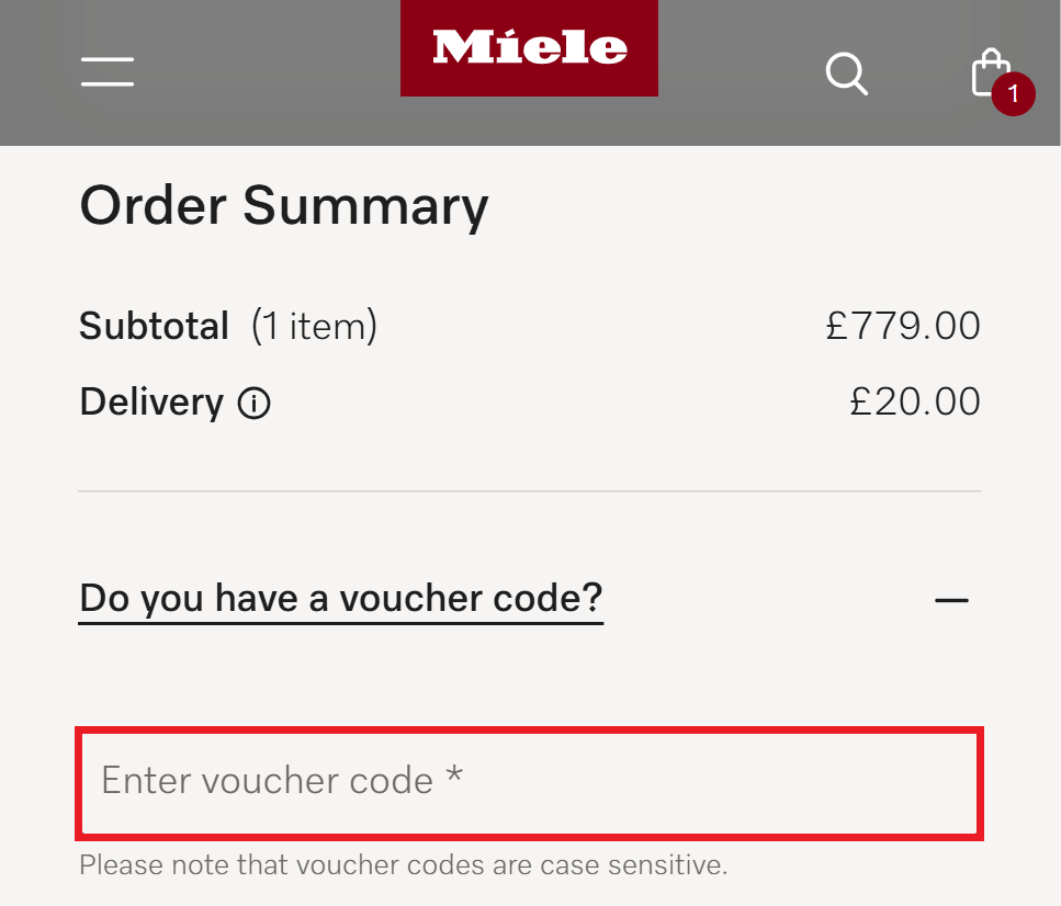 Miele discount code redemption area in shopping basket