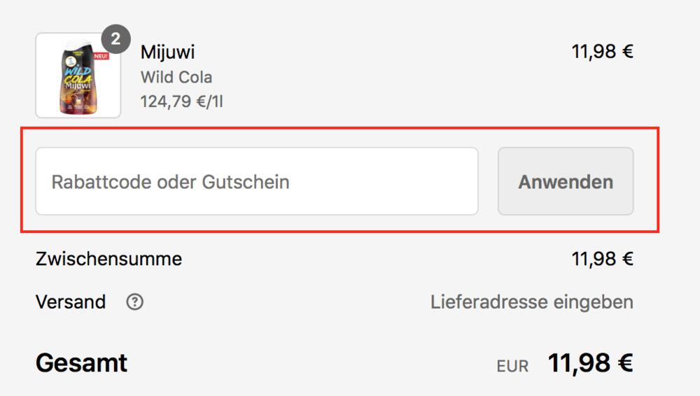  Warenkorb-Screenshot mit Eingabefeld für deinen Mijuwi Gutschein