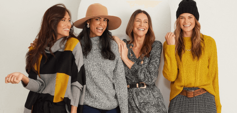 Millers ways to save banner - Four women wearing grey and yellow and clothing laughing