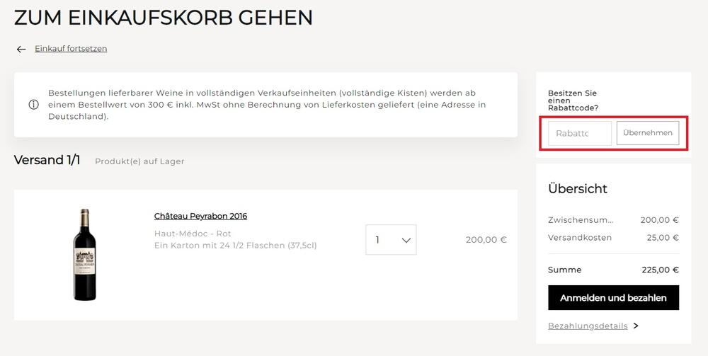 Warenkorbansicht mit Eingabefeld für einen Millesima Gutschein