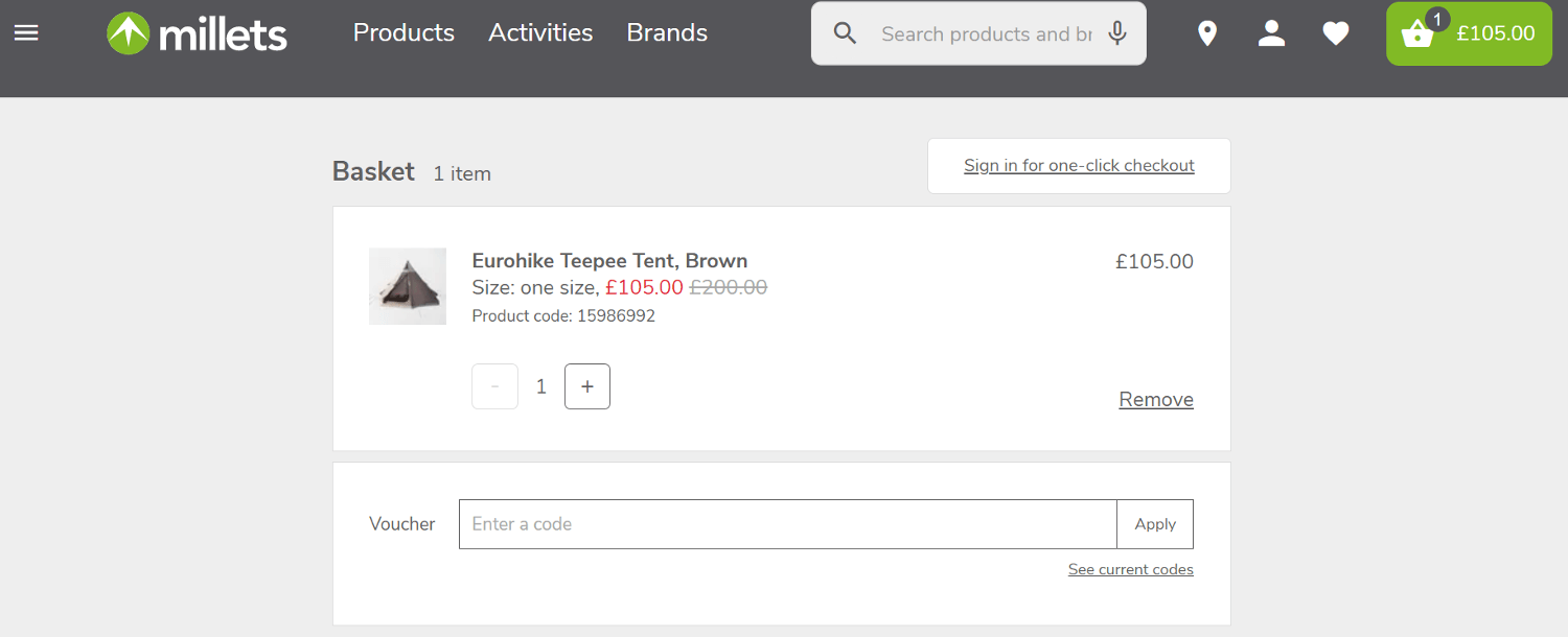 Screenshot of the Millets discount code box at checkout