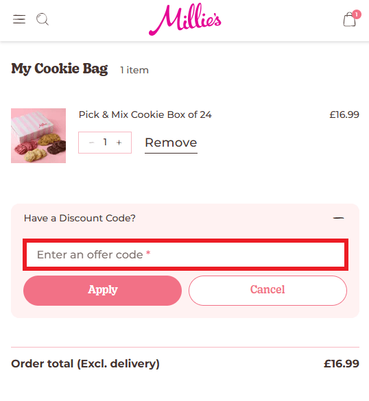 Millie's Cookies discount code section screenshot