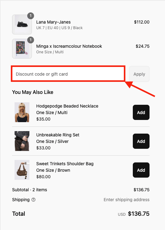 Minga London US discount code box on checkout page