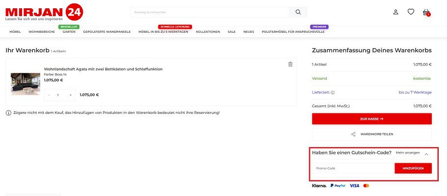 img: mirjan24-gutschein-einloesen / alt: Screenshot aus dem Warenkorb mit Hinweis darauf, wie du den MIRJAN24 Gutschein einlösen kannst.