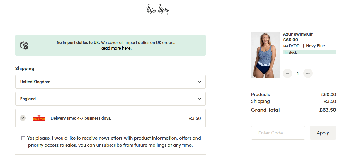 Screenshot of the Miss Mary of Sweden discount code application box at checkout