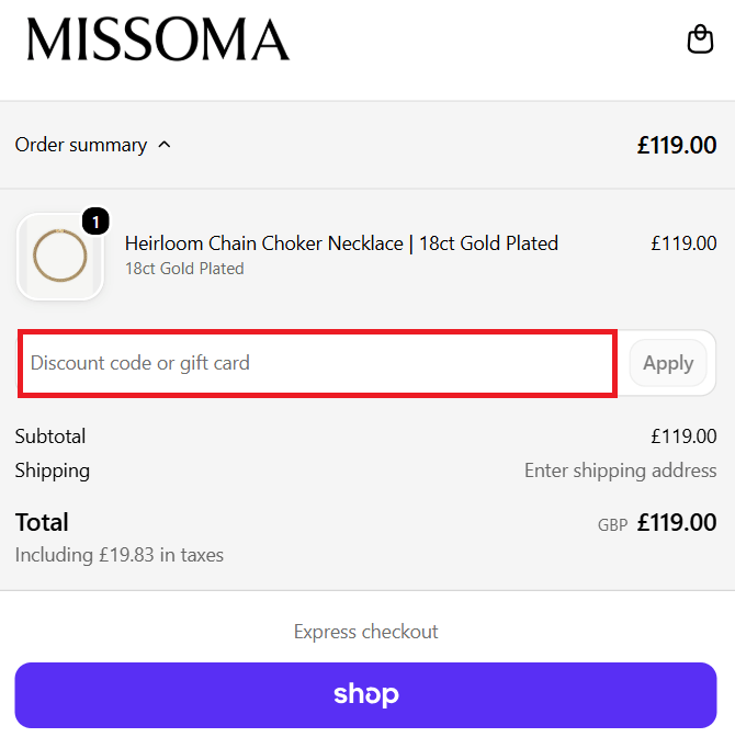 Missoma discount code box on the checkout page