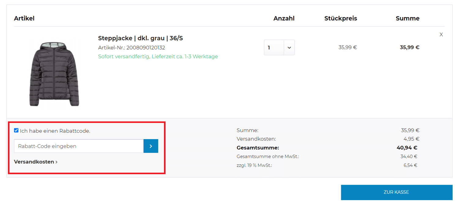 Screenshot der Warenkorbansicht mit Eingabefeld für einen Mister-Lady-Gutschein