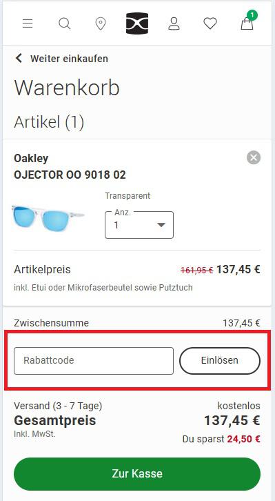 Eingabefeld für Mister Spex Rabattcode im Warenkorb des Online-Shops