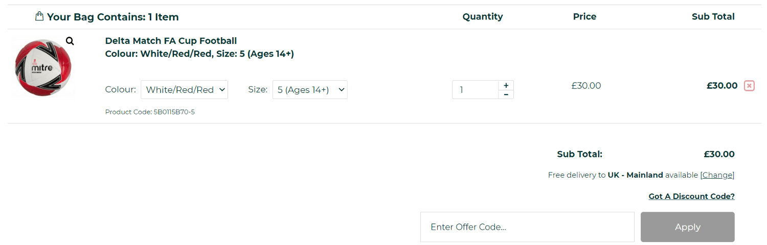 Screenshot of the Mitre discount code box at checkout on the Mitre website