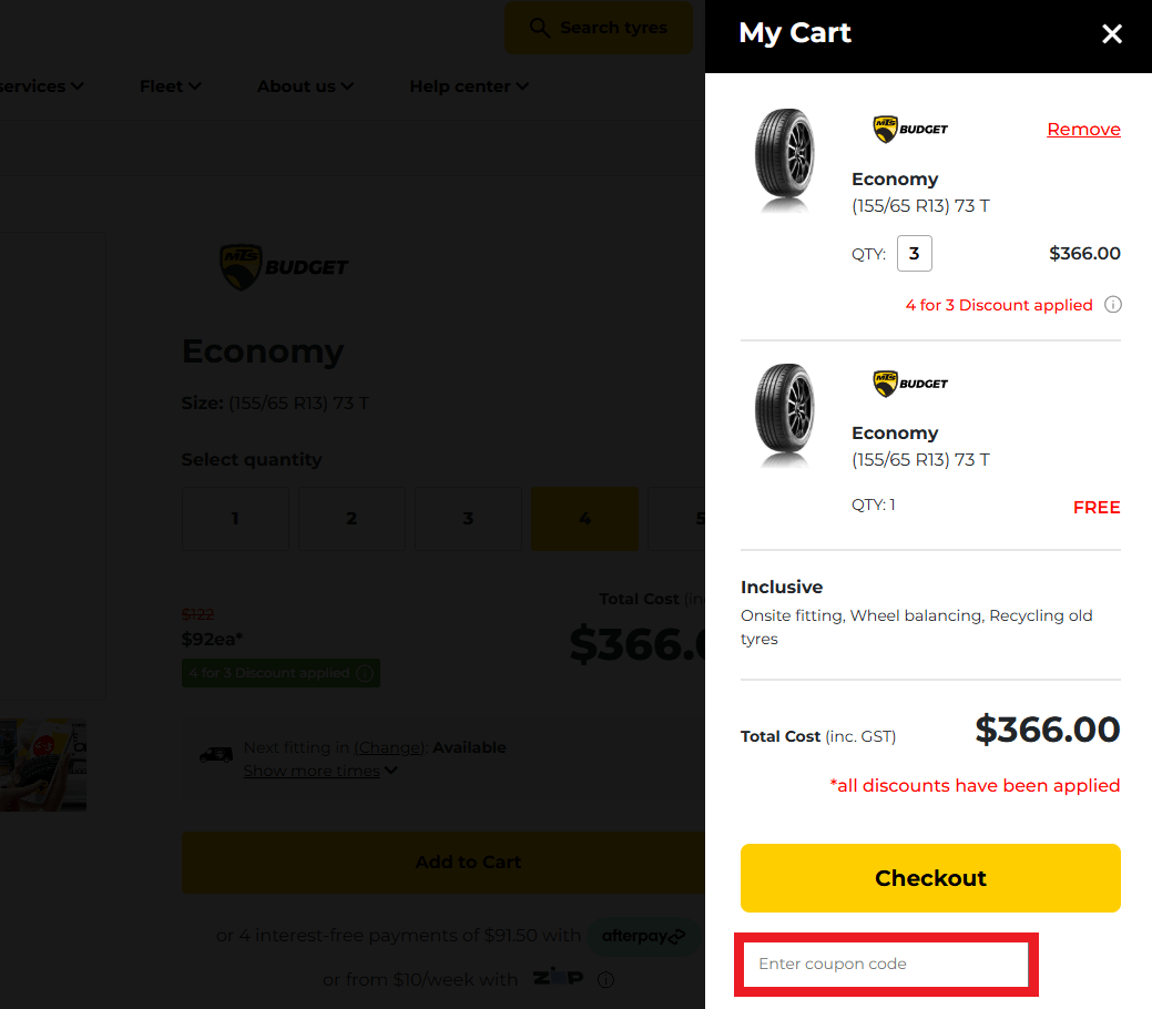 Mobile Tyre Shop coupon code box during booking