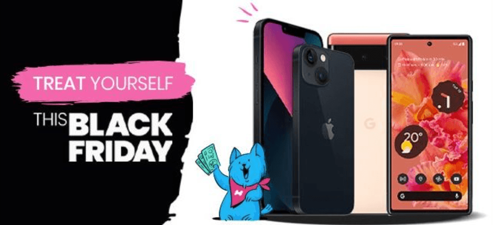 Mobiles.co.uk Black Friday picture featuring the text 'treat yourself this black friday' alongside a selection of smartphones