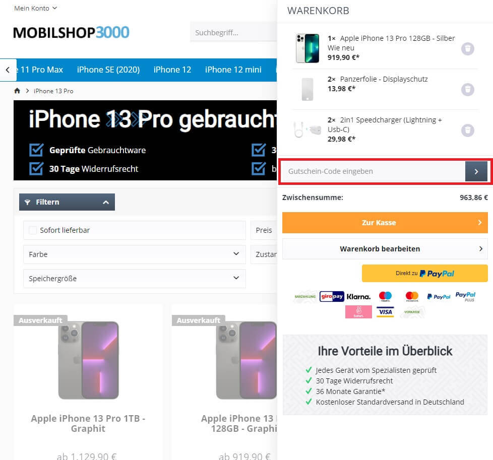 Screenshot aus dem Warenkorb mit Hinweis, wo der Mobilshop3000-Gutschein eingegeben wird