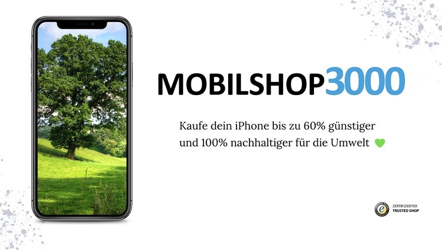 Banner für die Mobilshop3000 Gutscheinseite: Smartphone, auf dem ein grüner Baum abgebildet ist, daneben das Firmenlogo