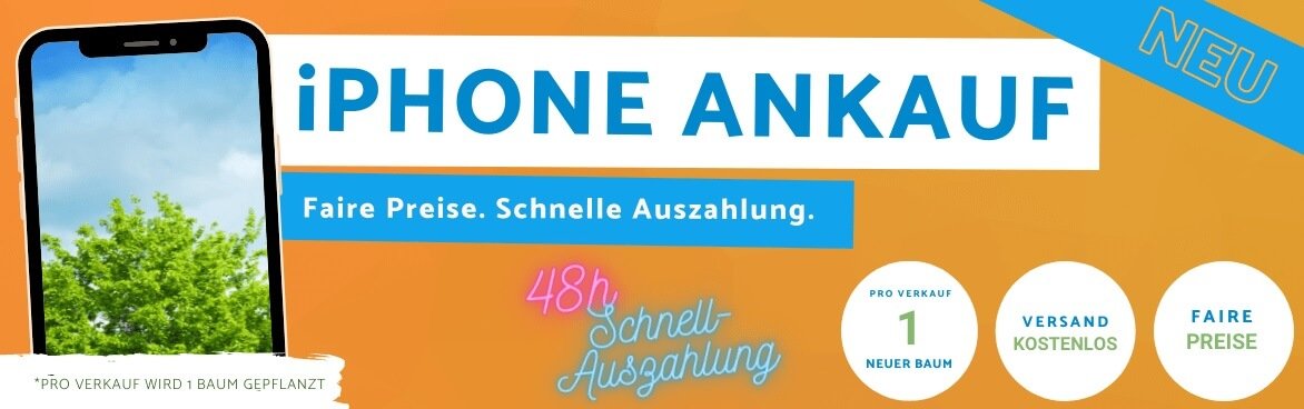 Orangefarbener Banner mit Smartphone und Aufruf zum iPhone Ankauf bei Mobilshop3000