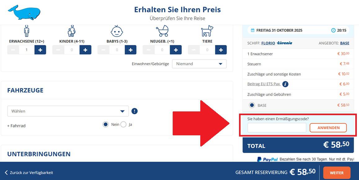 Eingabefeld für einen Moby Lines Gutschein