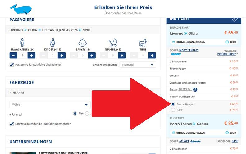 Moby Lines Buchung mit ausgewählter "Promo Happy"
