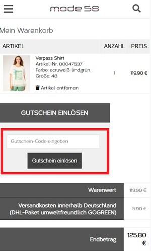 Eingabefeld zum Einlösen vom mode58 Gutschein im Warenkorb
