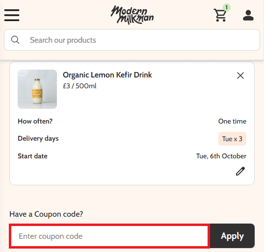 Modern Milkman discount code box in shopping basket image