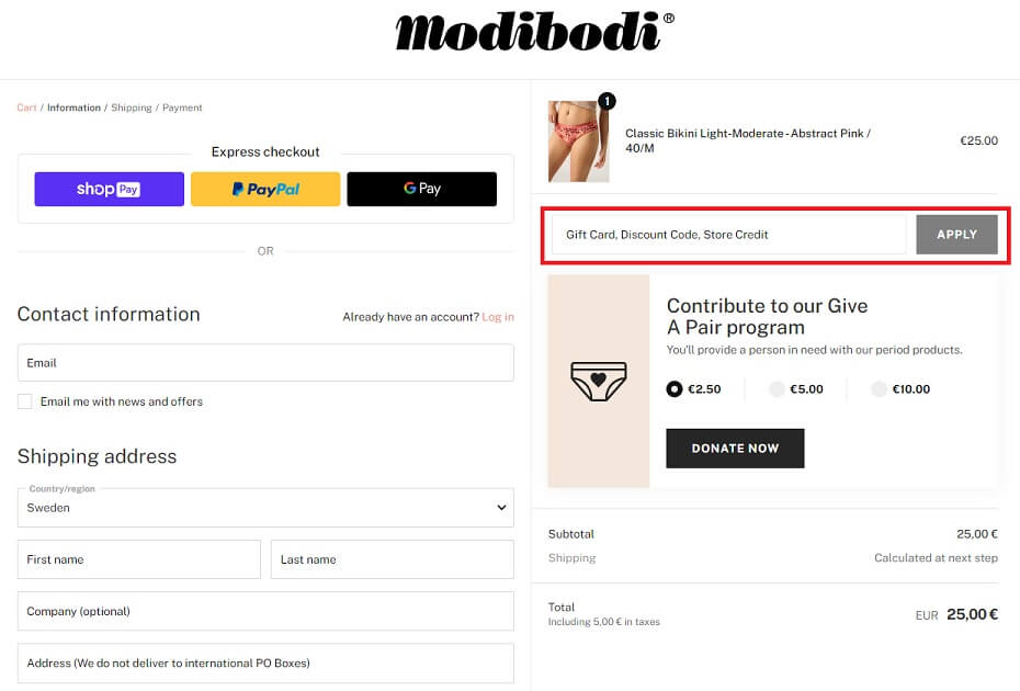 Screenshot aus dem Warenkorb mit Eingabefeld zum Anwenden vom Modibodi Gutschein
