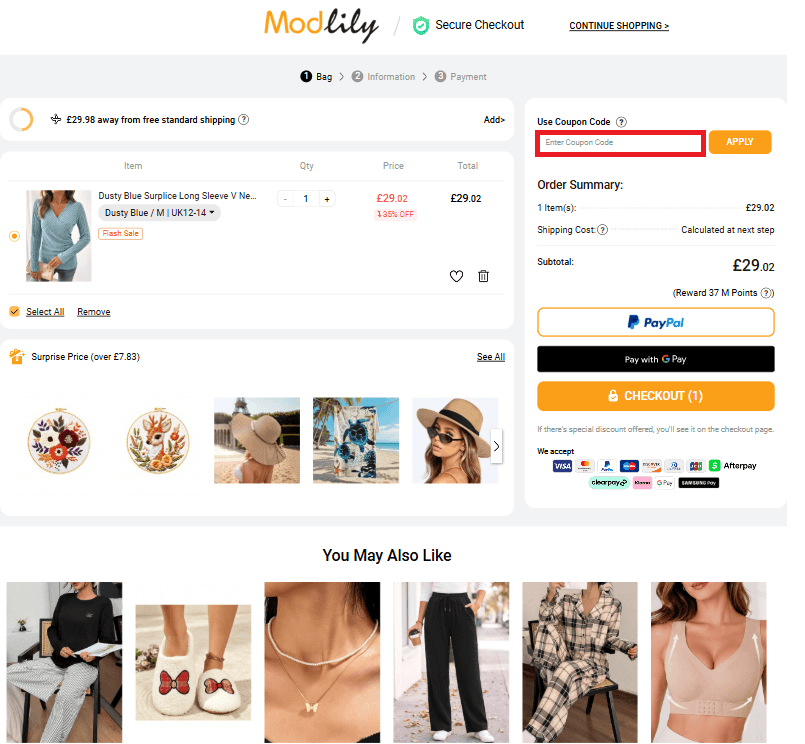 Modlily discount code box in shopping bag image