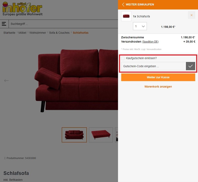 Screenshot aus dem Warenkorb mit Gutscheinfeld zum Eingeben vom Möbel Inhofer Gutschein