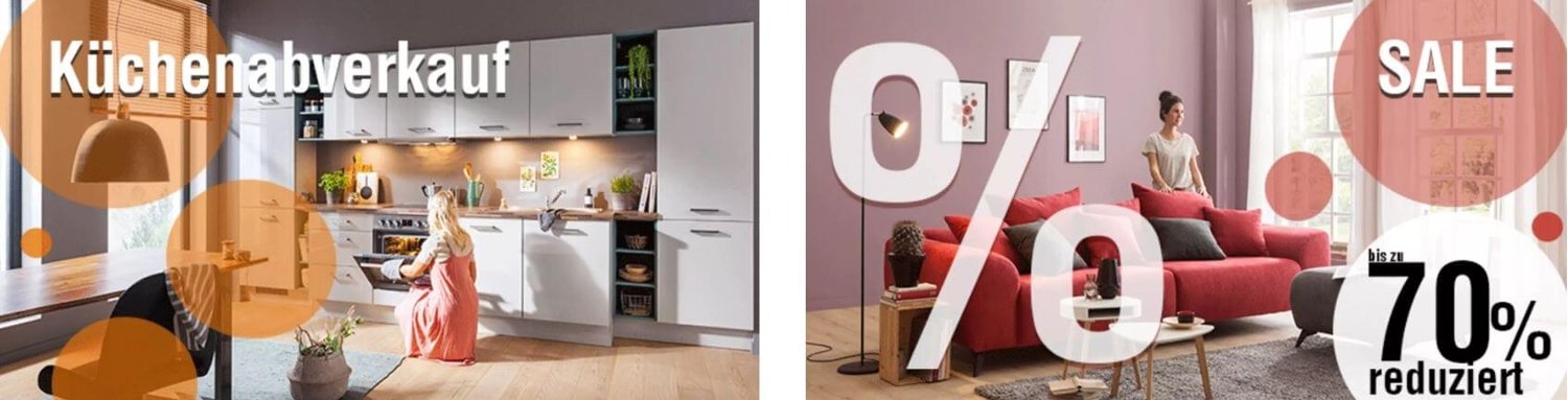 Küchenabverkauf und bis zu 70 % im Sale als Banner der Seite für Möbel Inhofer Gutscheine