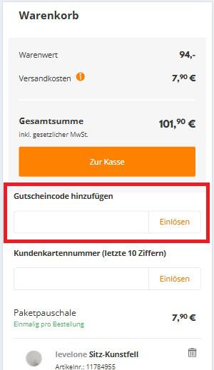 Screenshot der Warenkorbansicht mit Feld für den Möbel Kraft Gutscheincode