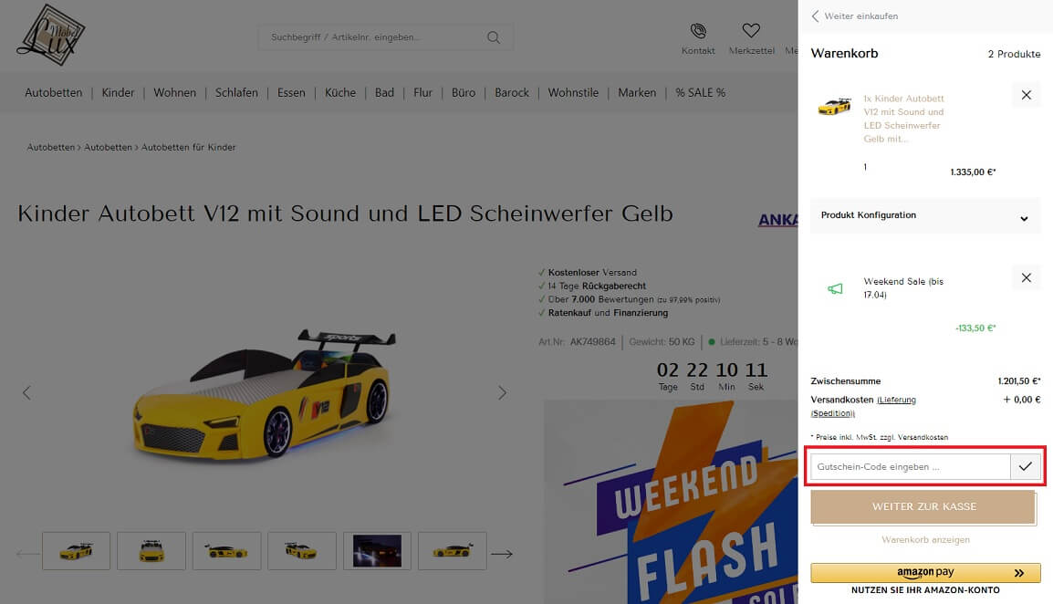 Screenshot aus dem Warenkorb mit Eingabefeld zum Einlösen vom Möbel Lux Gutschein