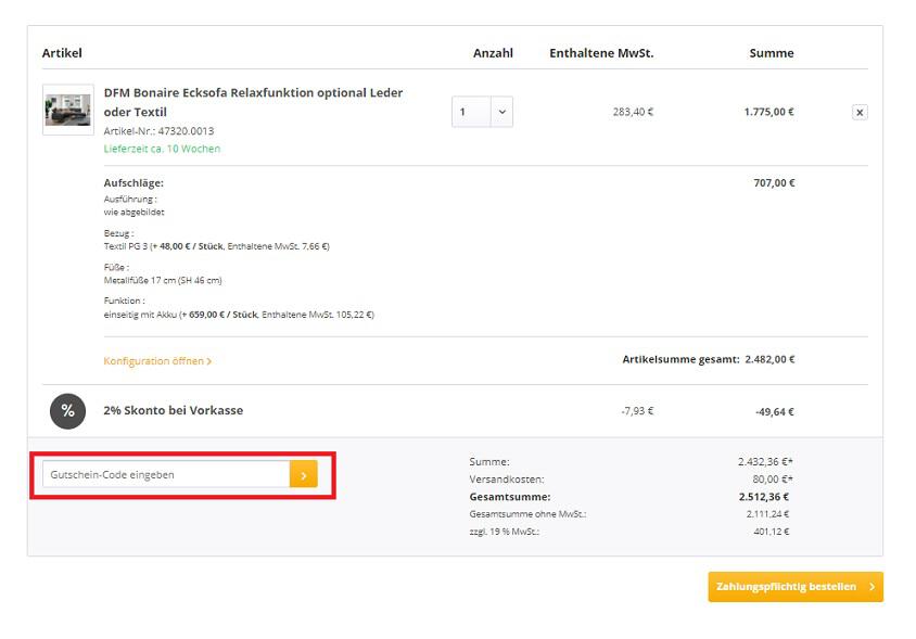 Screenshot aus dem Warenkorb mit Hinweis darauf, wo du den Möbelmeile24 Gutschein einlösen kannst