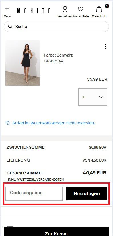 Eingabe für den Mohito Code im Online-Shop