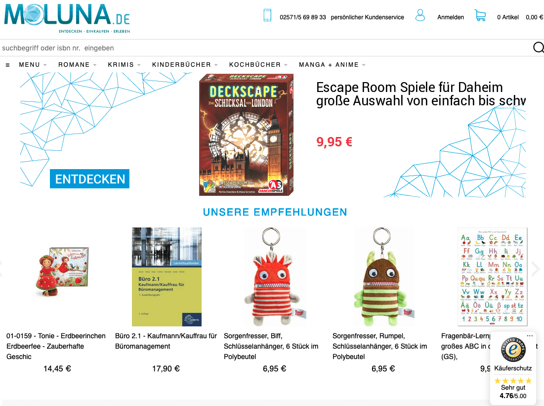 Startseite bei Moluna mit Sale Angebot