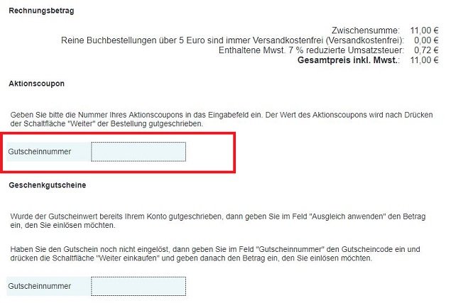Warenkorbansicht mit Eingabefeld für Moluna Gutscheine
