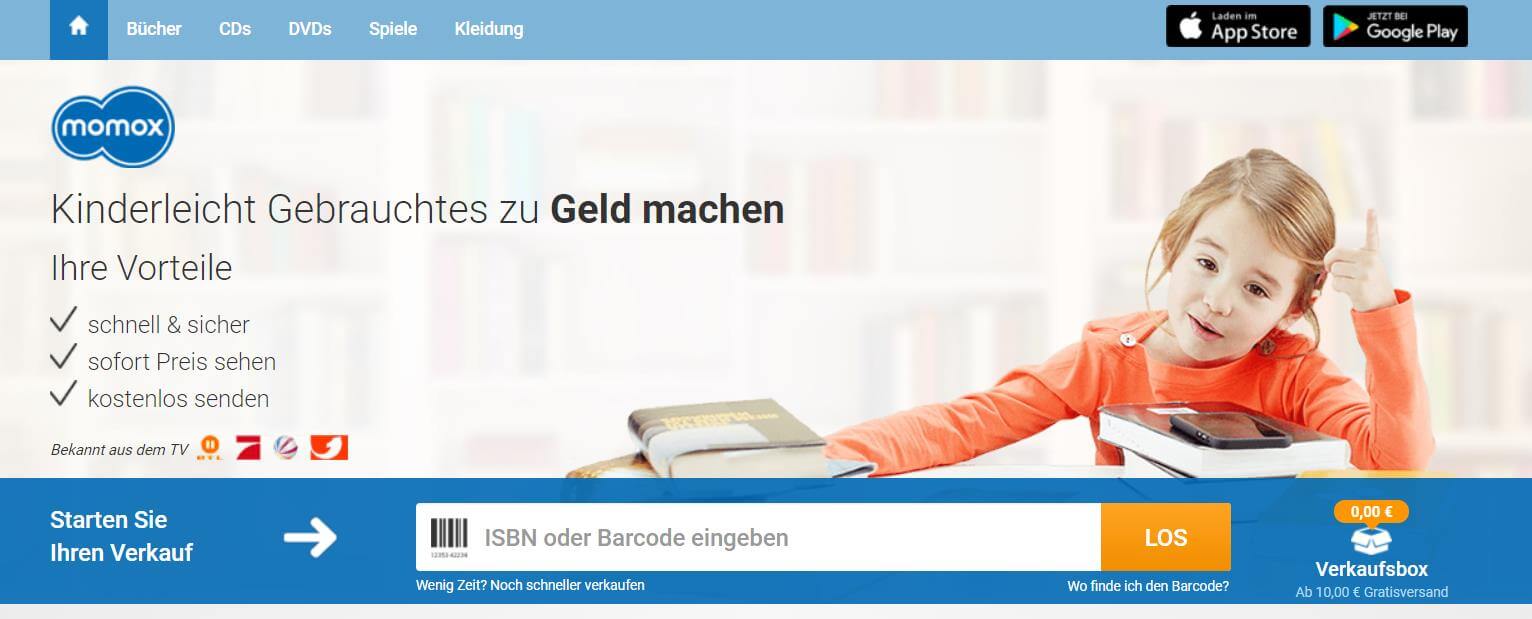 Banner für die Momox-Gutscheinseite mit Ansicht des Shops und den Schritten zum Verkaufen bei Momox