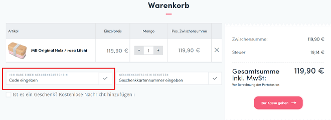 Eingabefeld für Monbento Gutscheine