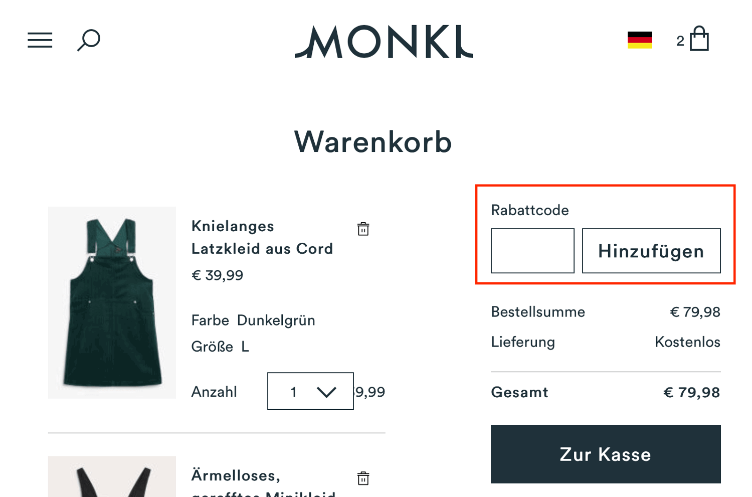 Eingabefeld für den Monki Rabattcode im Warenkorb