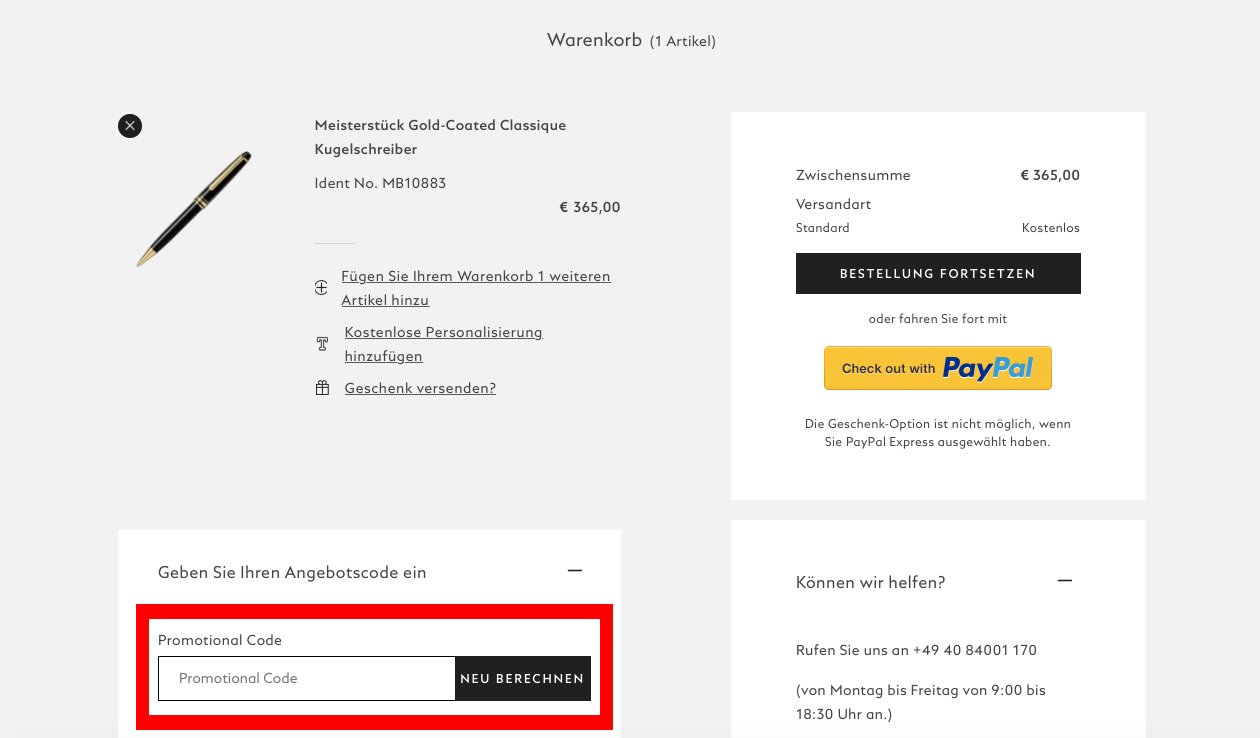 Montblanc Warenkorb mit Eingabefeld für den Gutschein