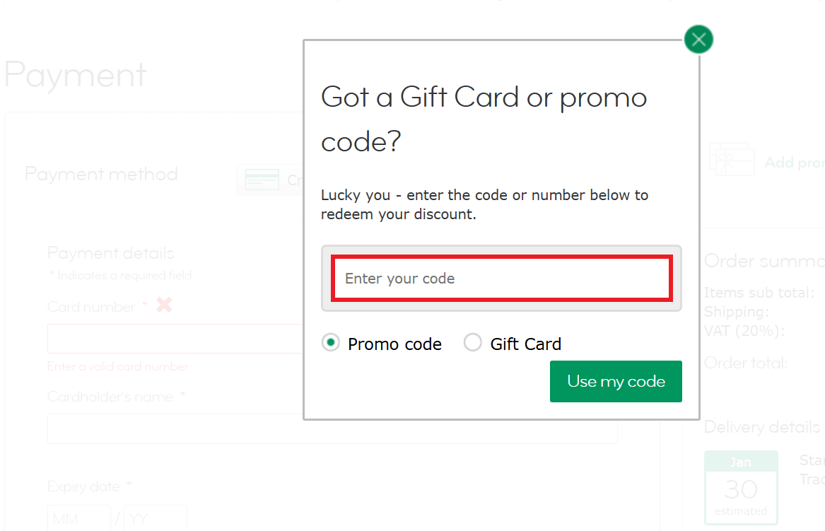 MOO coupon code redemption area image